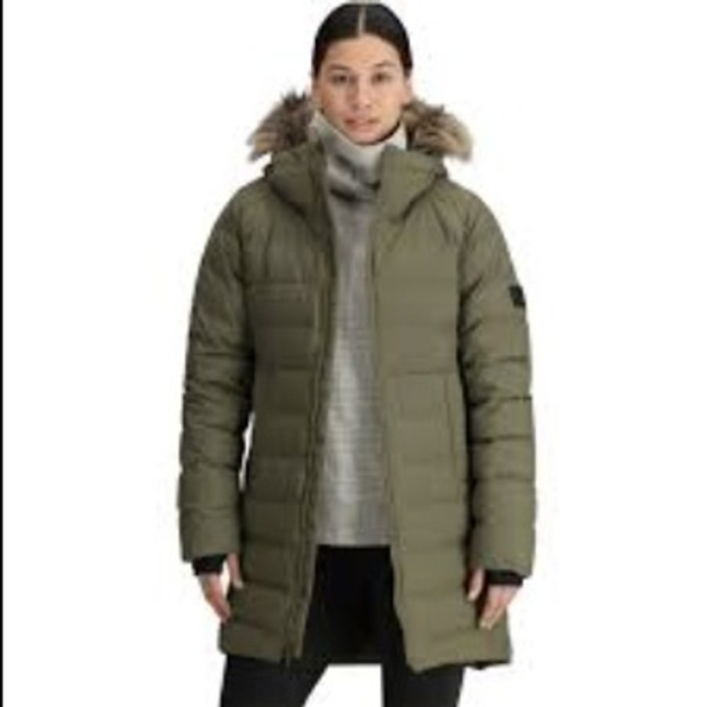 Outdoor Research Womens Coze Lux Down Parka Olive Green Faux Fur Hood 300588